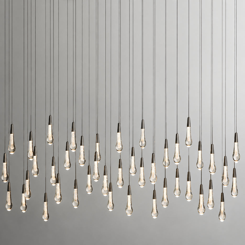 North America Arhaus Villa: Open-concept duplex staircase with long, understated luxury crystal living room lights and copper pendant lights