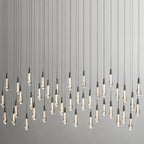 North America Arhaus Villa: Open-concept duplex staircase with long, understated luxury crystal living room lights and copper pendant lights