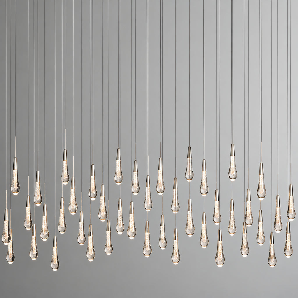 North America Arhaus Villa: Open-concept duplex staircase with long, understated luxury crystal living room lights and copper pendant lights