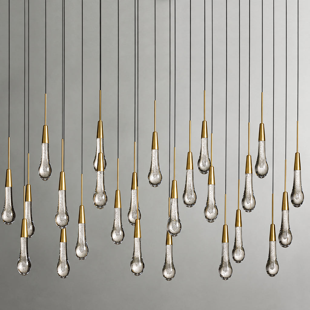 North America Arhaus Villa: Open-concept duplex staircase with long, understated luxury crystal living room lights and copper pendant lights