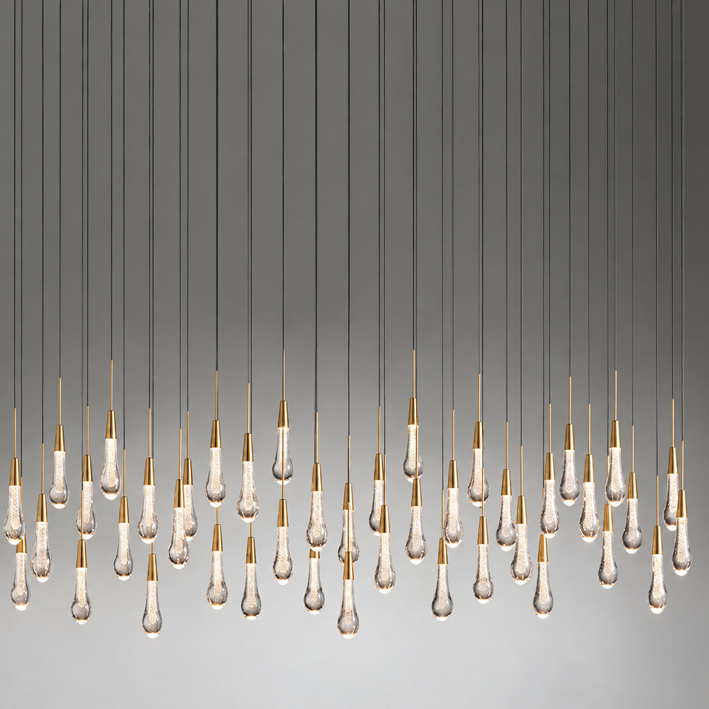 North America Arhaus Villa: Open-concept duplex staircase with long, understated luxury crystal living room lights and copper pendant lights