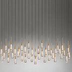 North America Arhaus Villa: Open-concept duplex staircase with long, understated luxury crystal living room lights and copper pendant lights