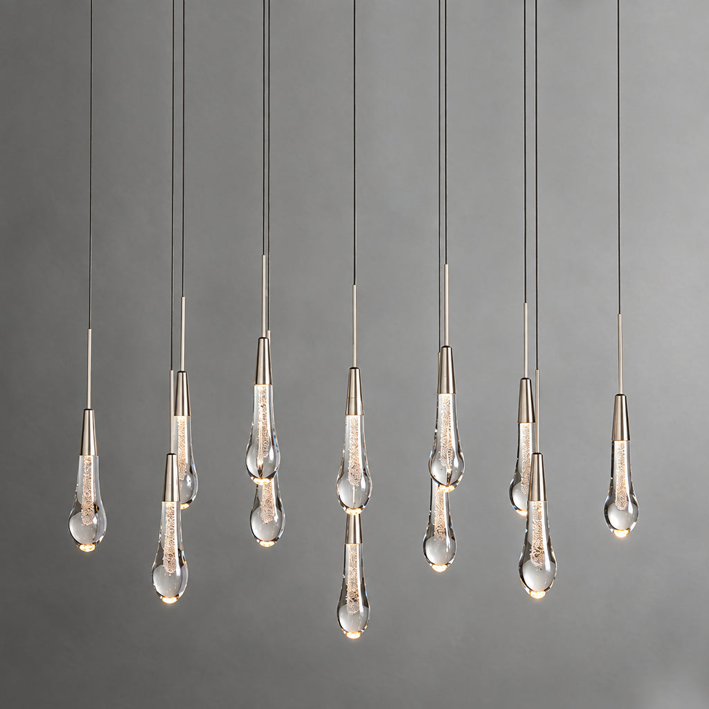 North America Arhaus Villa: Open-concept duplex staircase with long, understated luxury crystal living room lights and copper pendant lights