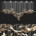 Chandelier for double‑height space, minimalist style for living and dining rooms, atmospheric artistic golden twisted‑leaf glass