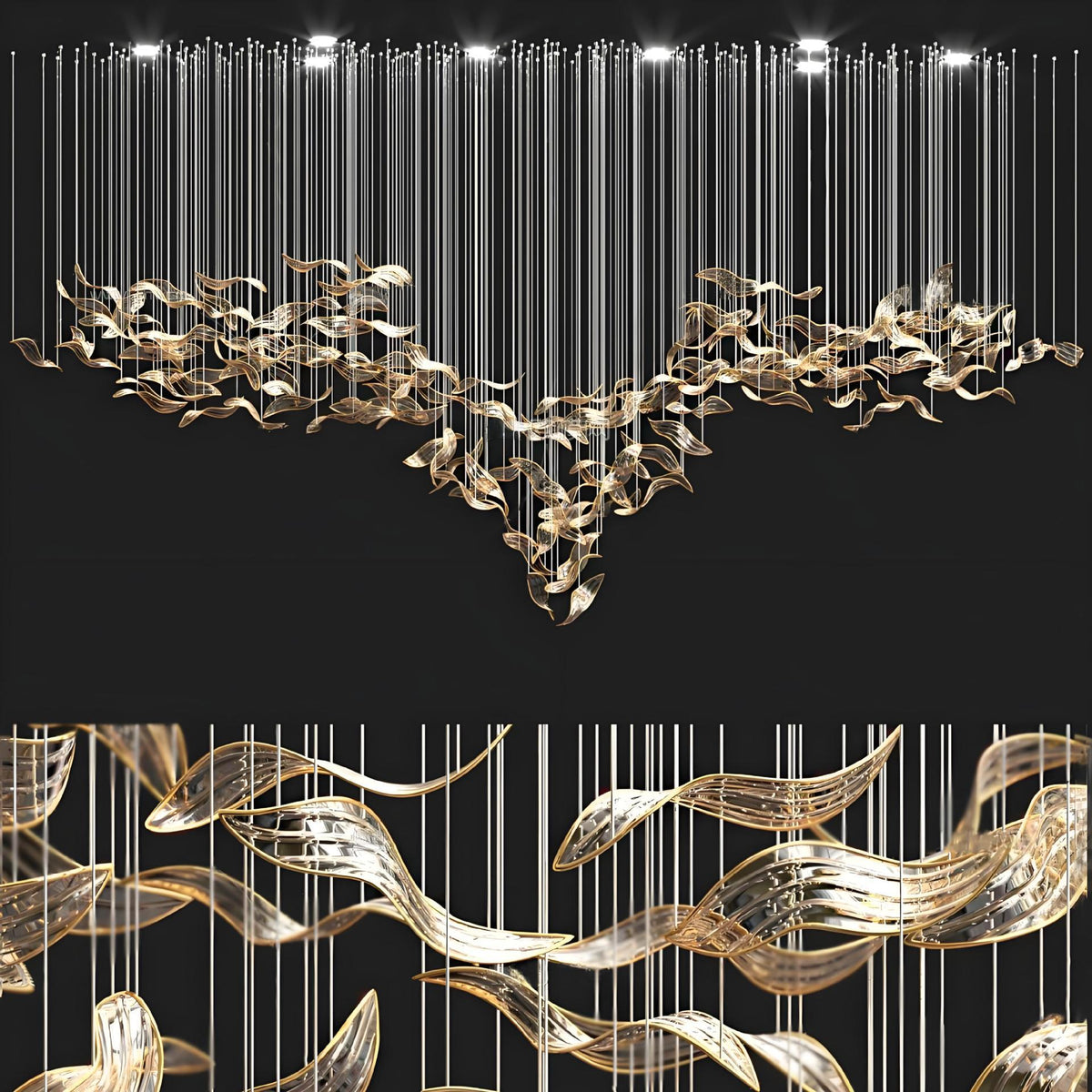 Chandelier for double‑height space, minimalist style for living and dining rooms, atmospheric artistic golden twisted‑leaf glass