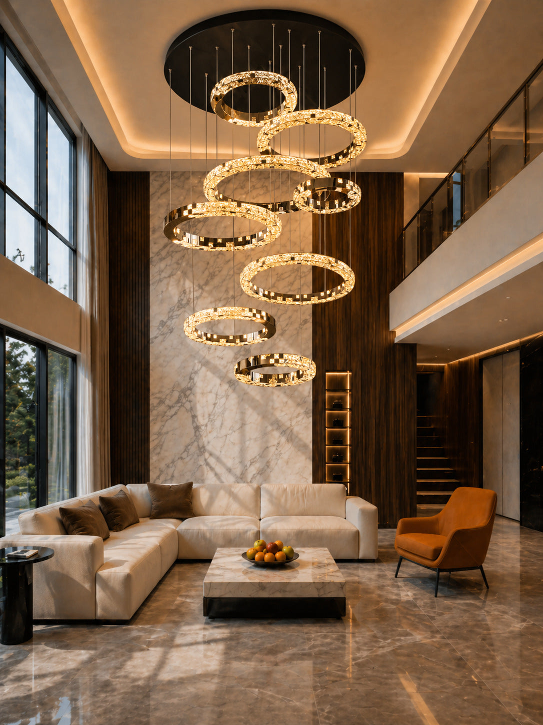 Light luxury modern chandelier for double‑height living room with open‑riser staircase, staircase light for loft apartment, crystal chandelier for villa duplex