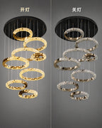 Light luxury modern chandelier for double‑height living room with open‑riser staircase, staircase light for loft apartment, crystal chandelier for villa duplex