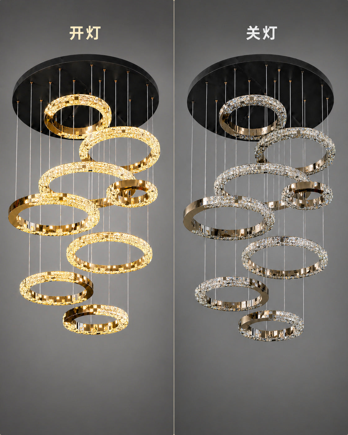 Light luxury modern chandelier for double‑height living room with open‑riser staircase, staircase light for loft apartment, crystal chandelier for villa duplex