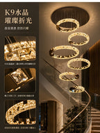 Light luxury modern chandelier for double‑height living room with open‑riser staircase, staircase light for loft apartment, crystal chandelier for villa duplex