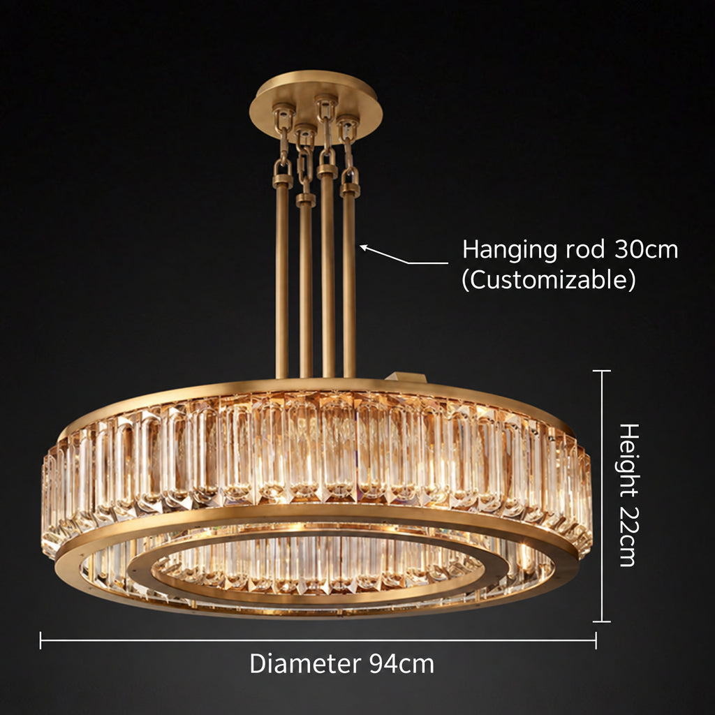 Chandelier for double‑height space, minimalist style for living and dining rooms, atmospheric artistic golden twisted‑leaf glass
