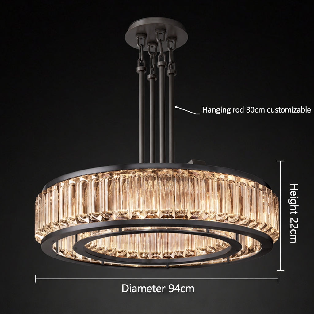 Chandelier for double‑height space, minimalist style for living and dining rooms, atmospheric artistic golden twisted‑leaf glass