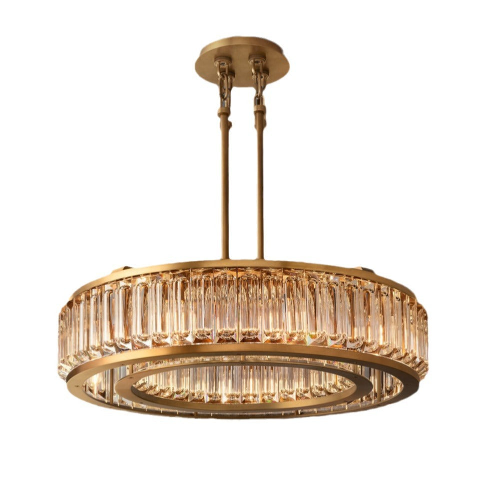 Chandelier for double‑height space, minimalist style for living and dining rooms, atmospheric artistic golden twisted‑leaf glass