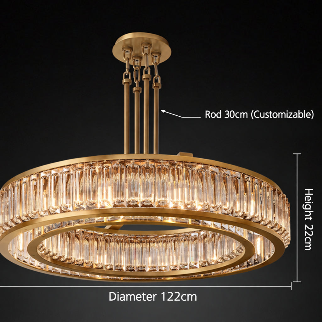 Chandelier for double‑height space, minimalist style for living and dining rooms, atmospheric artistic golden twisted‑leaf glass