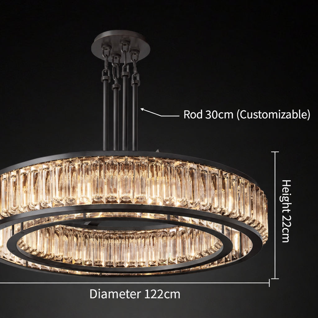 Chandelier for double‑height space, minimalist style for living and dining rooms, atmospheric artistic golden twisted‑leaf glass
