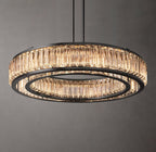 Chandelier for double‑height space, minimalist style for living and dining rooms, atmospheric artistic golden twisted‑leaf glass