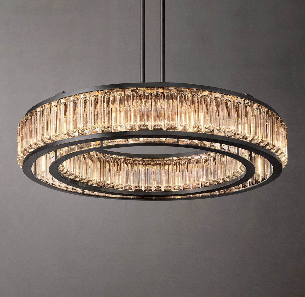 Chandelier for double‑height space, minimalist style for living and dining rooms, atmospheric artistic golden twisted‑leaf glass