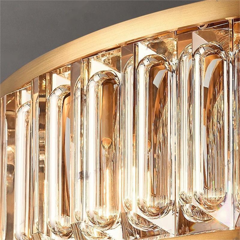 Chandelier for double‑height space, minimalist style for living and dining rooms, atmospheric artistic golden twisted‑leaf glass