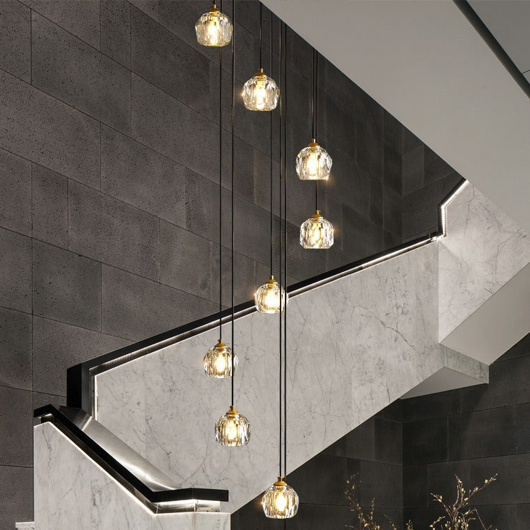 Modern Nordic villa living room duplex staircase rotating crystal long chandelier, creative staircase chandelier for loft apartments