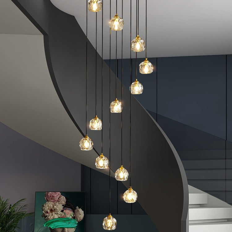 Modern Nordic villa living room duplex staircase rotating crystal long chandelier, creative staircase chandelier for loft apartments