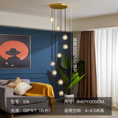 Modern Nordic villa living room duplex staircase rotating crystal long chandelier, creative staircase chandelier for loft apartments