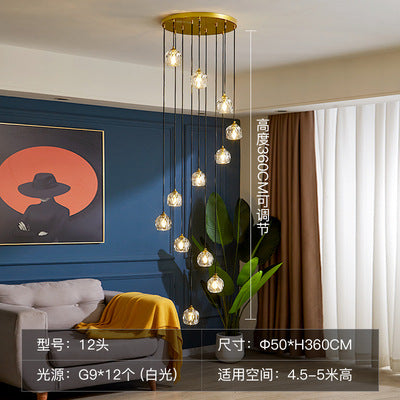 Modern Nordic villa living room duplex staircase rotating crystal long chandelier, creative staircase chandelier for loft apartments