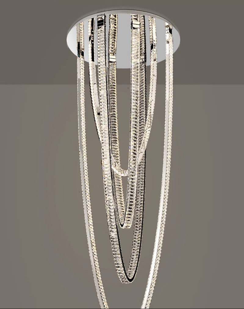 Large pendant lighting fixture for living room in a duplex home; open-plan pendant lighting fixture with crystal necklace design for villa-style buildings with mezzanine floors – modern light luxury style
