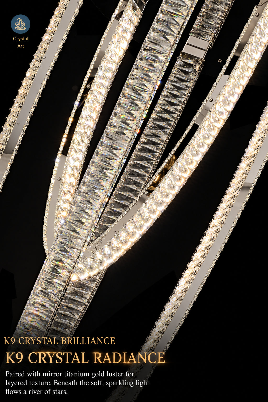 Large pendant lighting fixture for living room in a duplex home; open-plan pendant lighting fixture with crystal necklace design for villa-style buildings with mezzanine floors – modern light luxury style