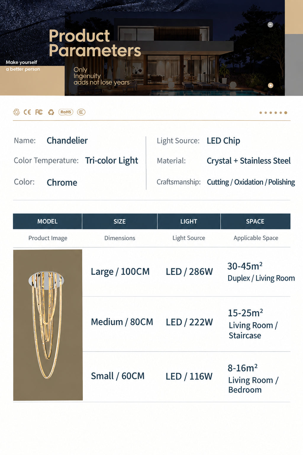 Large pendant lighting fixture for living room in a duplex home; open-plan pendant lighting fixture with crystal necklace design for villa-style buildings with mezzanine floors – modern light luxury style