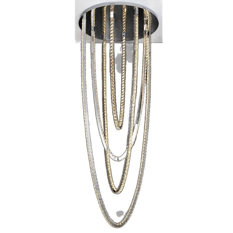 Large pendant lighting fixture for living room in a duplex home; open-plan pendant lighting fixture with crystal necklace design for villa-style buildings with mezzanine floors – modern light luxury style