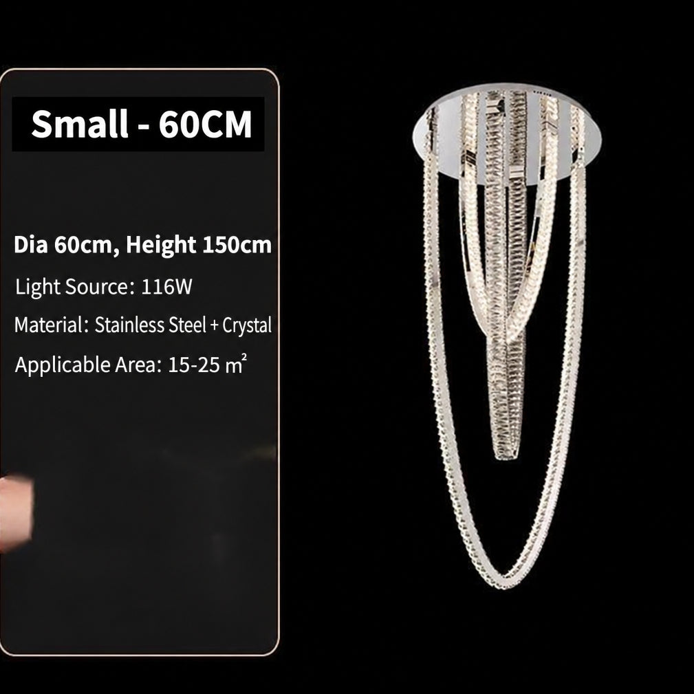 Large pendant lighting fixture for living room in a duplex home; open-plan pendant lighting fixture with crystal necklace design for villa-style buildings with mezzanine floors – modern light luxury style