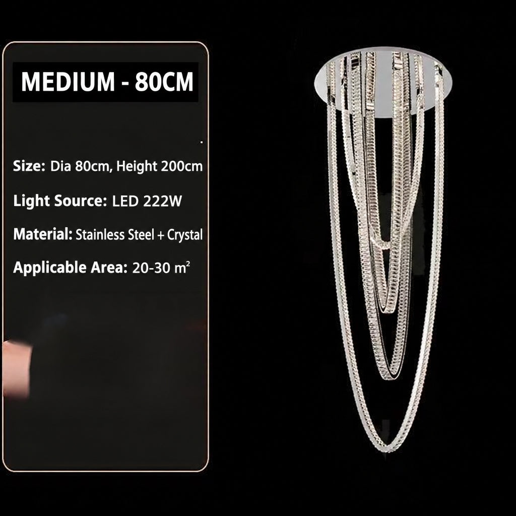 Large pendant lighting fixture for living room in a duplex home; open-plan pendant lighting fixture with crystal necklace design for villa-style buildings with mezzanine floors – modern light luxury style