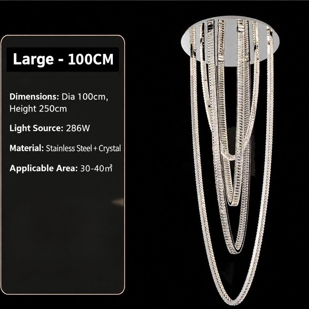 Large pendant lighting fixture for living room in a duplex home; open-plan pendant lighting fixture with crystal necklace design for villa-style buildings with mezzanine floors – modern light luxury style