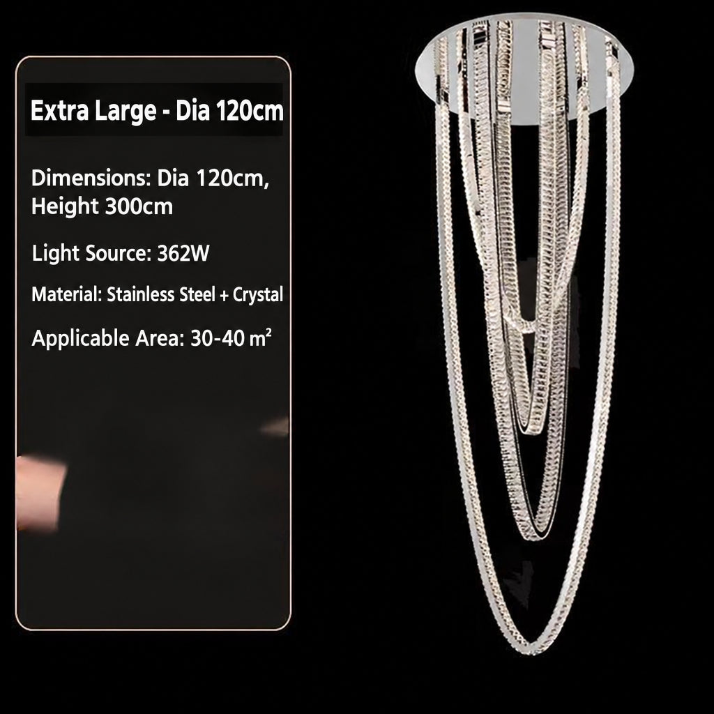 Large pendant lighting fixture for living room in a duplex home; open-plan pendant lighting fixture with crystal necklace design for villa-style buildings with mezzanine floors – modern light luxury style