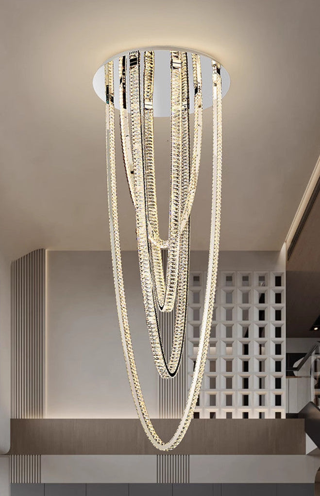 Large pendant lighting fixture for living room in a duplex home; open-plan pendant lighting fixture with crystal necklace design for villa-style buildings with mezzanine floors – modern light luxury style