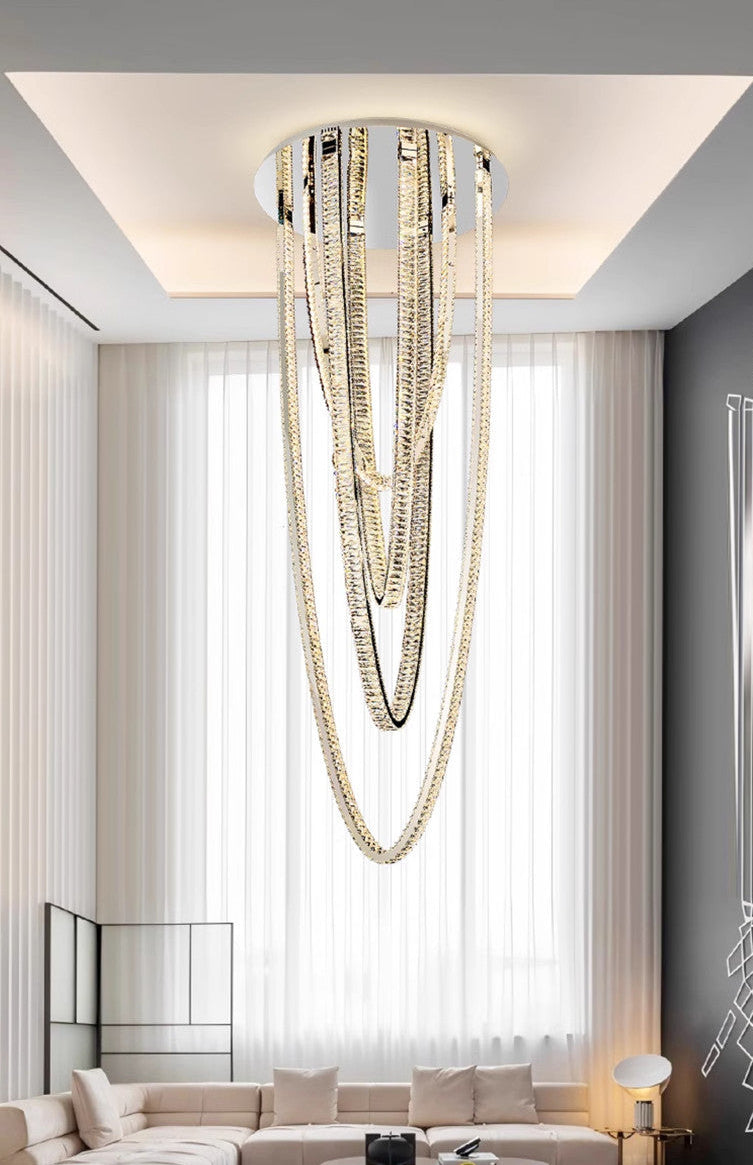 Large pendant lighting fixture for living room in a duplex home; open-plan pendant lighting fixture with crystal necklace design for villa-style buildings with mezzanine floors – modern light luxury style