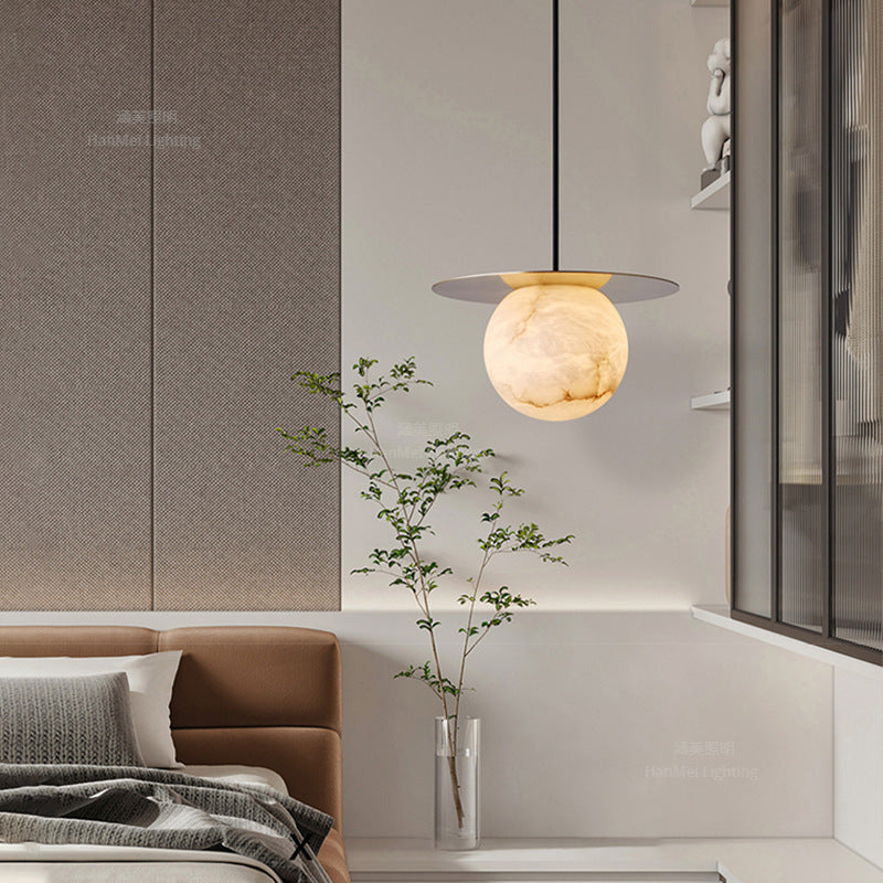 Spanish Natural Onyx Pendant Light, Bedside Small Pendant Lamp for Bedroom, Small Dining Room & Bar Counter, Cream‑Style Snowflake Stone Light