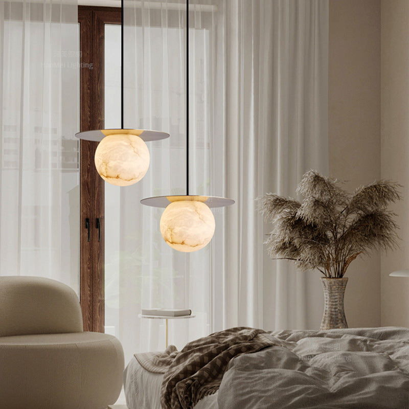 Spanish Natural Onyx Pendant Light, Bedside Small Pendant Lamp for Bedroom, Small Dining Room & Bar Counter, Cream‑Style Snowflake Stone Light