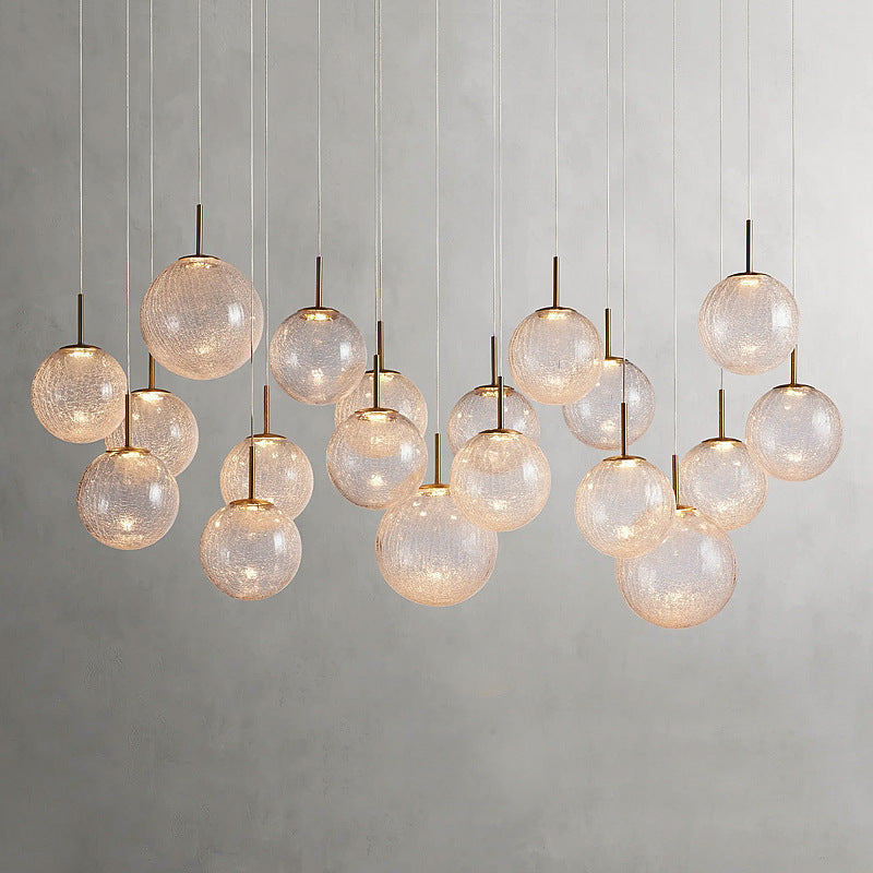 Long Linear Cracked‑Glass Chandelier for Villa Vaulted Ceiling, Duplex Stairwell & Dining Island
