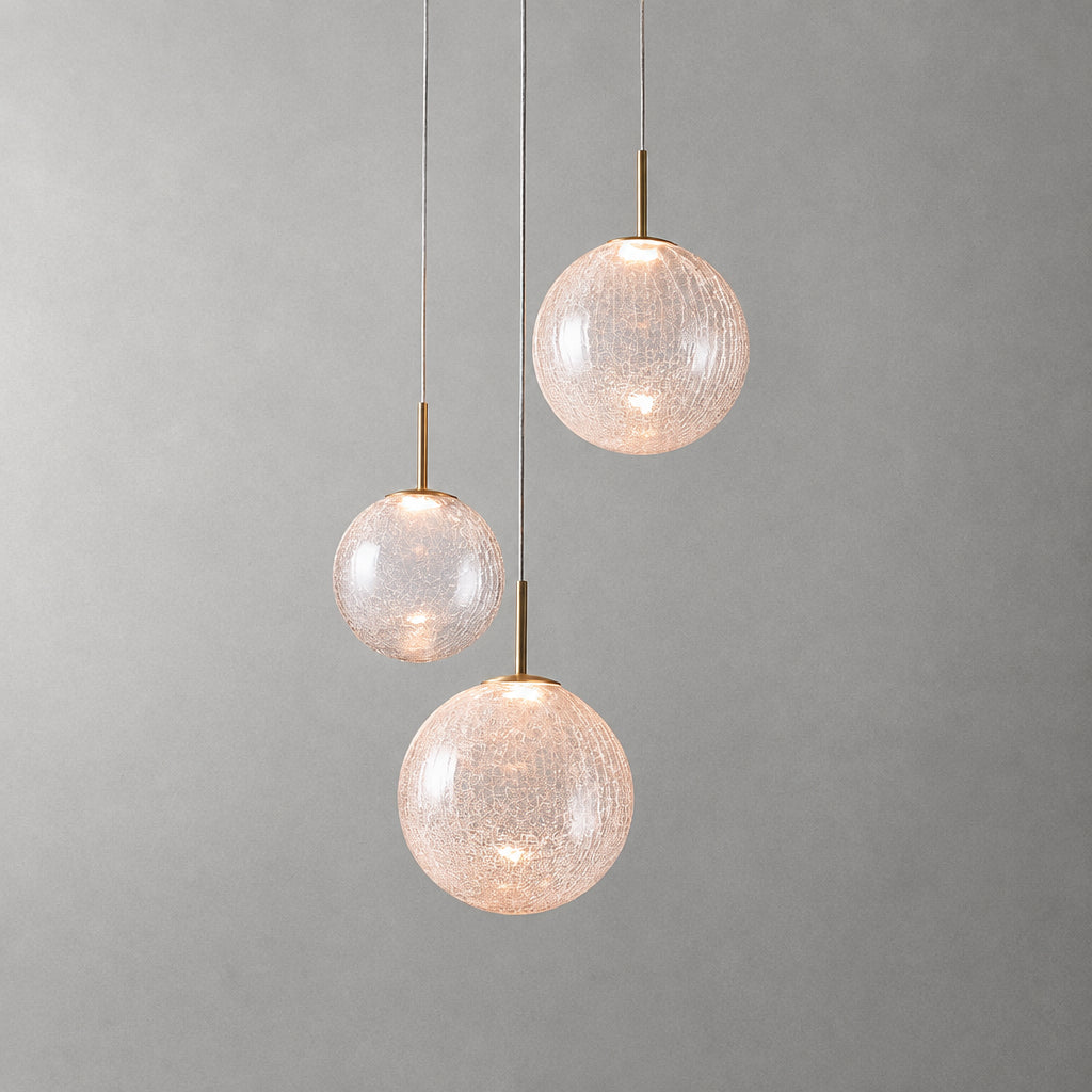 Long Linear Cracked‑Glass Chandelier for Villa Vaulted Ceiling, Duplex Stairwell & Dining Island