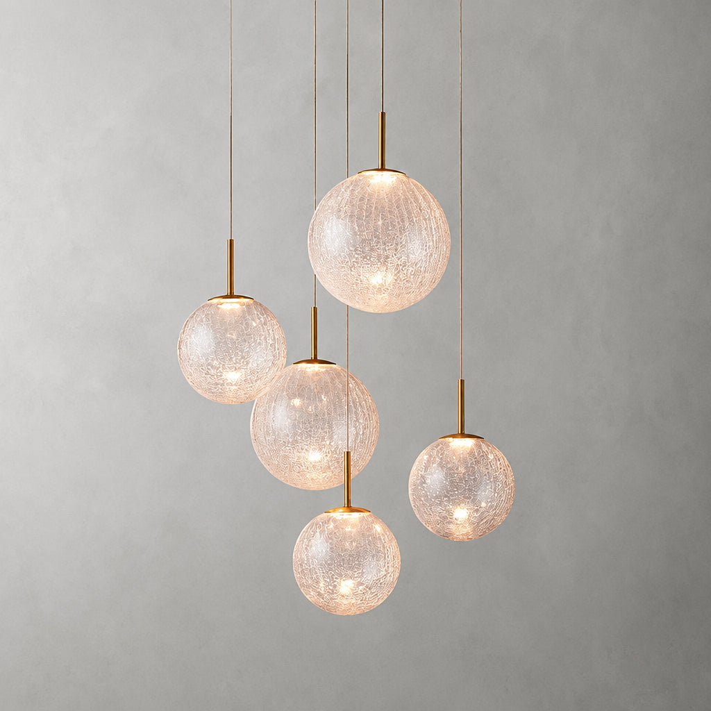 Long Linear Cracked‑Glass Chandelier for Villa Vaulted Ceiling, Duplex Stairwell & Dining Island