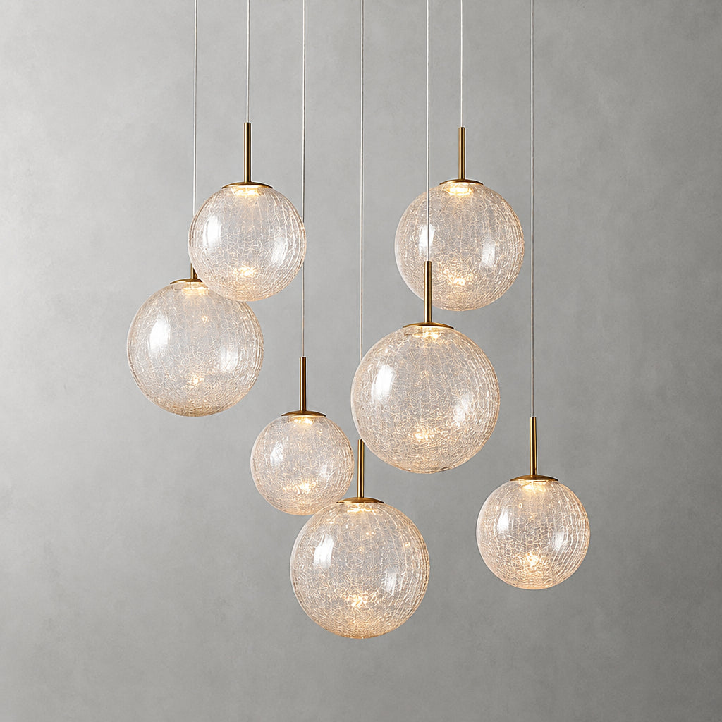 Long Linear Cracked‑Glass Chandelier for Villa Vaulted Ceiling, Duplex Stairwell & Dining Island