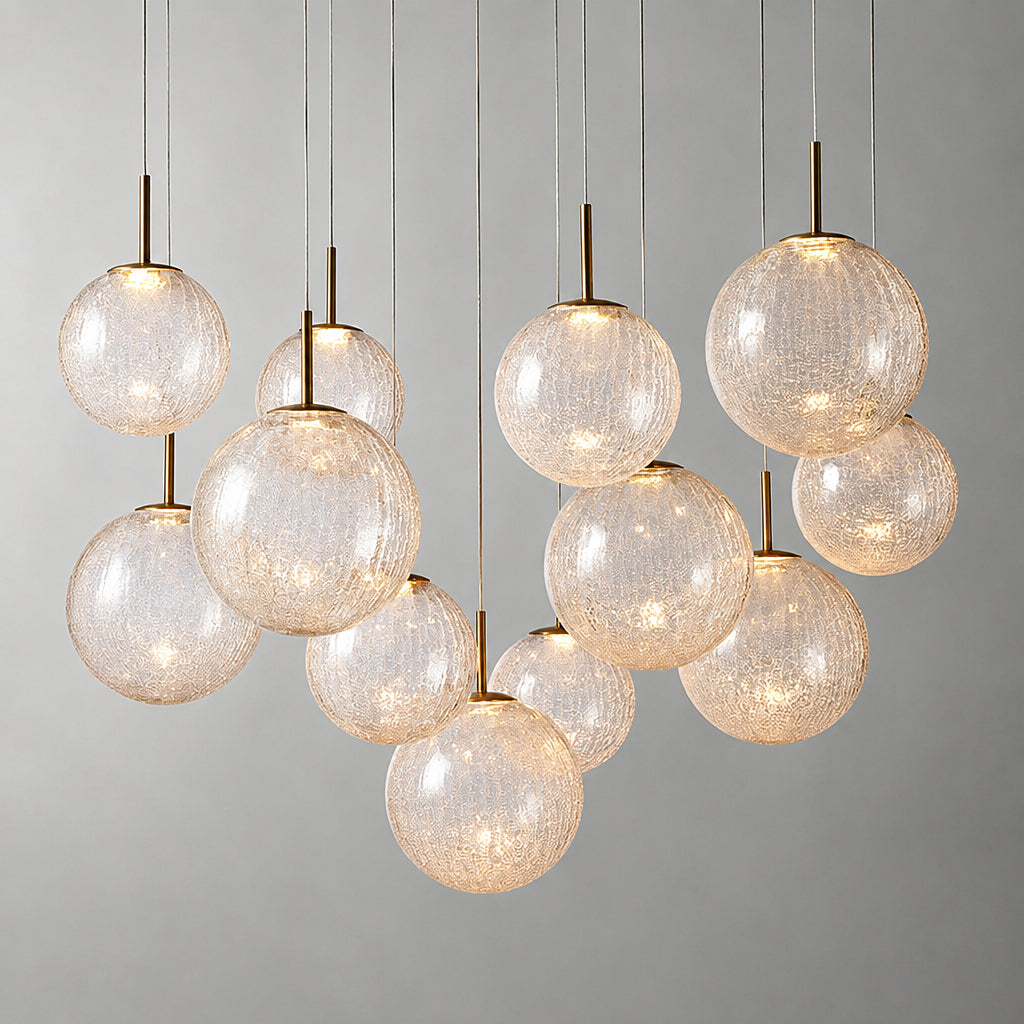 Long Linear Cracked‑Glass Chandelier for Villa Vaulted Ceiling, Duplex Stairwell & Dining Island
