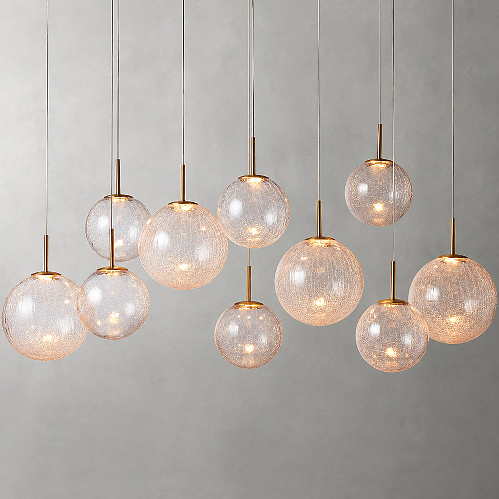Long Linear Cracked‑Glass Chandelier for Villa Vaulted Ceiling, Duplex Stairwell & Dining Island