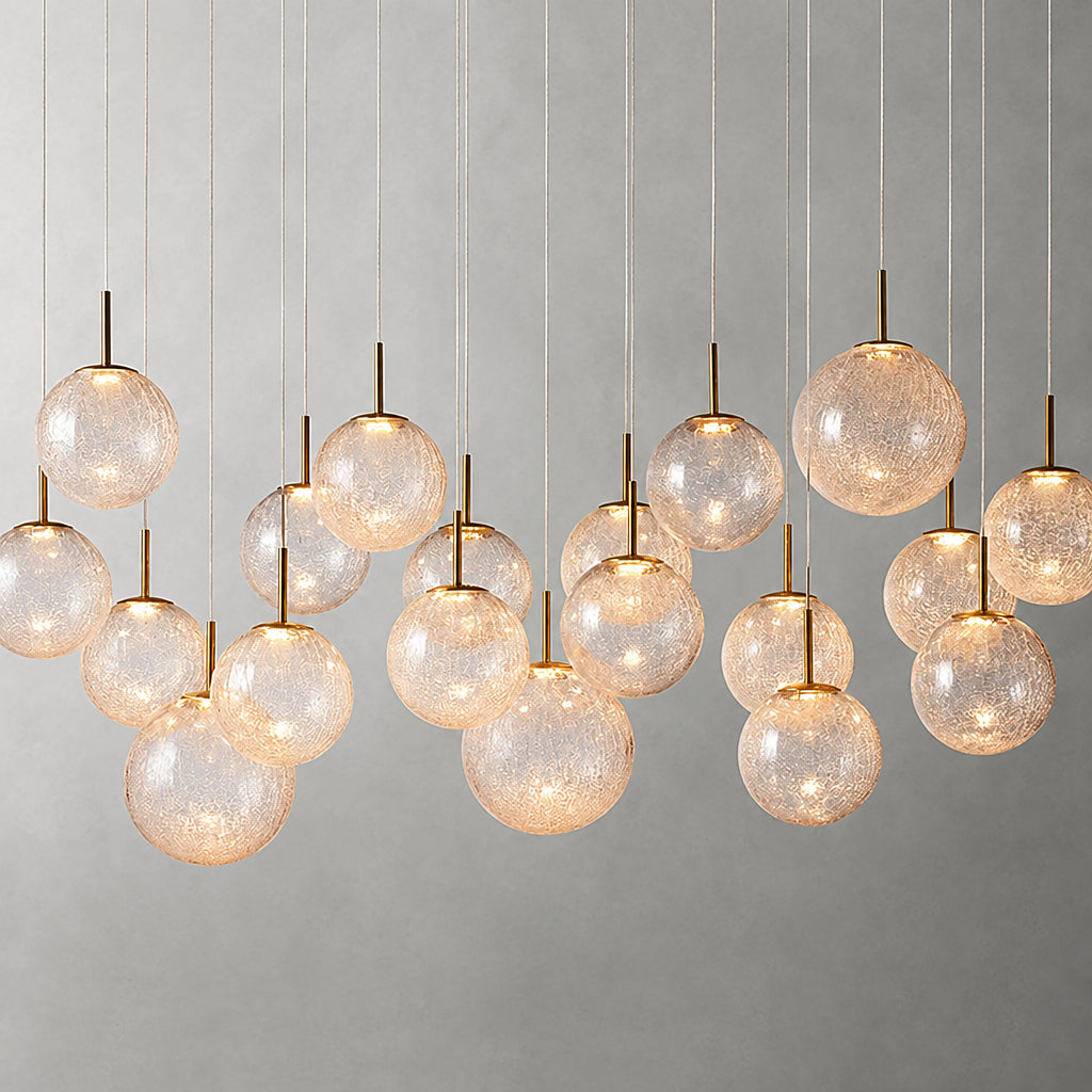 Long Linear Cracked‑Glass Chandelier for Villa Vaulted Ceiling, Duplex Stairwell & Dining Island
