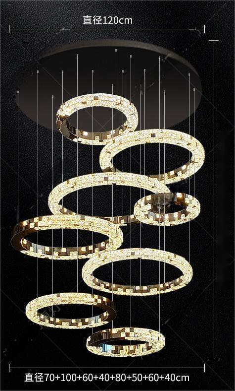 Light luxury modern chandelier for double‑height living room with open‑riser staircase, staircase light for loft apartment, crystal chandelier for villa duplex