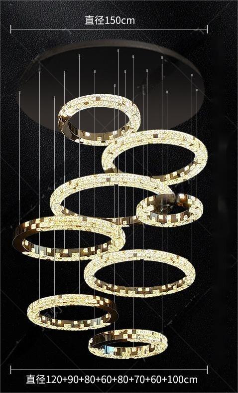 Light luxury modern chandelier for double‑height living room with open‑riser staircase, staircase light for loft apartment, crystal chandelier for villa duplex