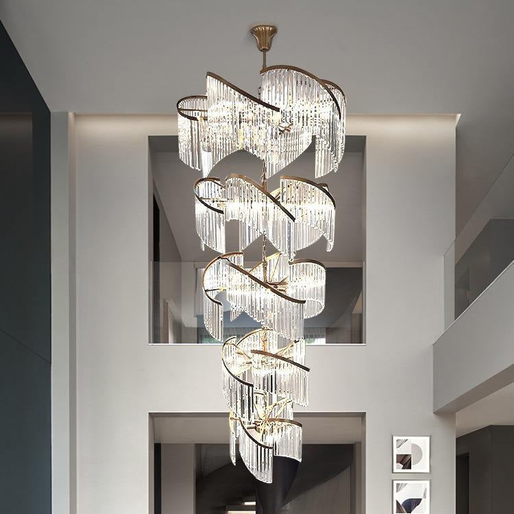 Luxury Crystal Stairwell Chandelier, Custom‑size Crystal Pendant Light for Villa Hollow Living Room, Vaulted Duplex & High‑rise Lobby