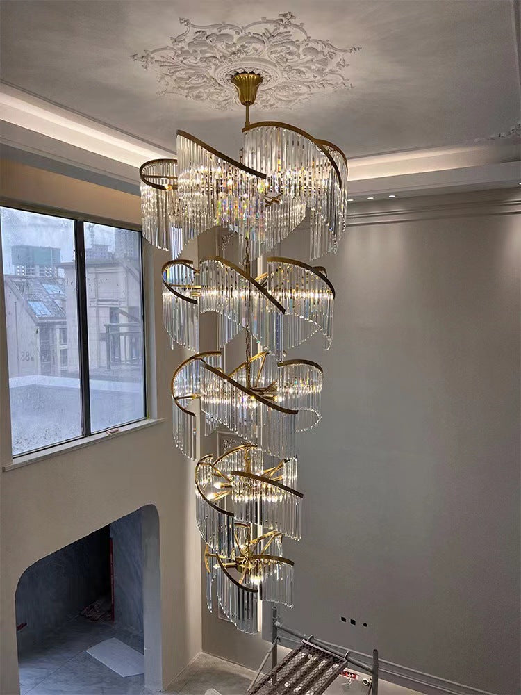 Luxury Crystal Stairwell Chandelier, Custom‑size Crystal Pendant Light for Villa Hollow Living Room, Vaulted Duplex & High‑rise Lobby