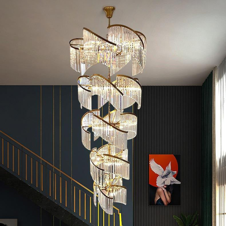 Luxury Crystal Stairwell Chandelier, Custom‑size Crystal Pendant Light for Villa Hollow Living Room, Vaulted Duplex & High‑rise Lobby