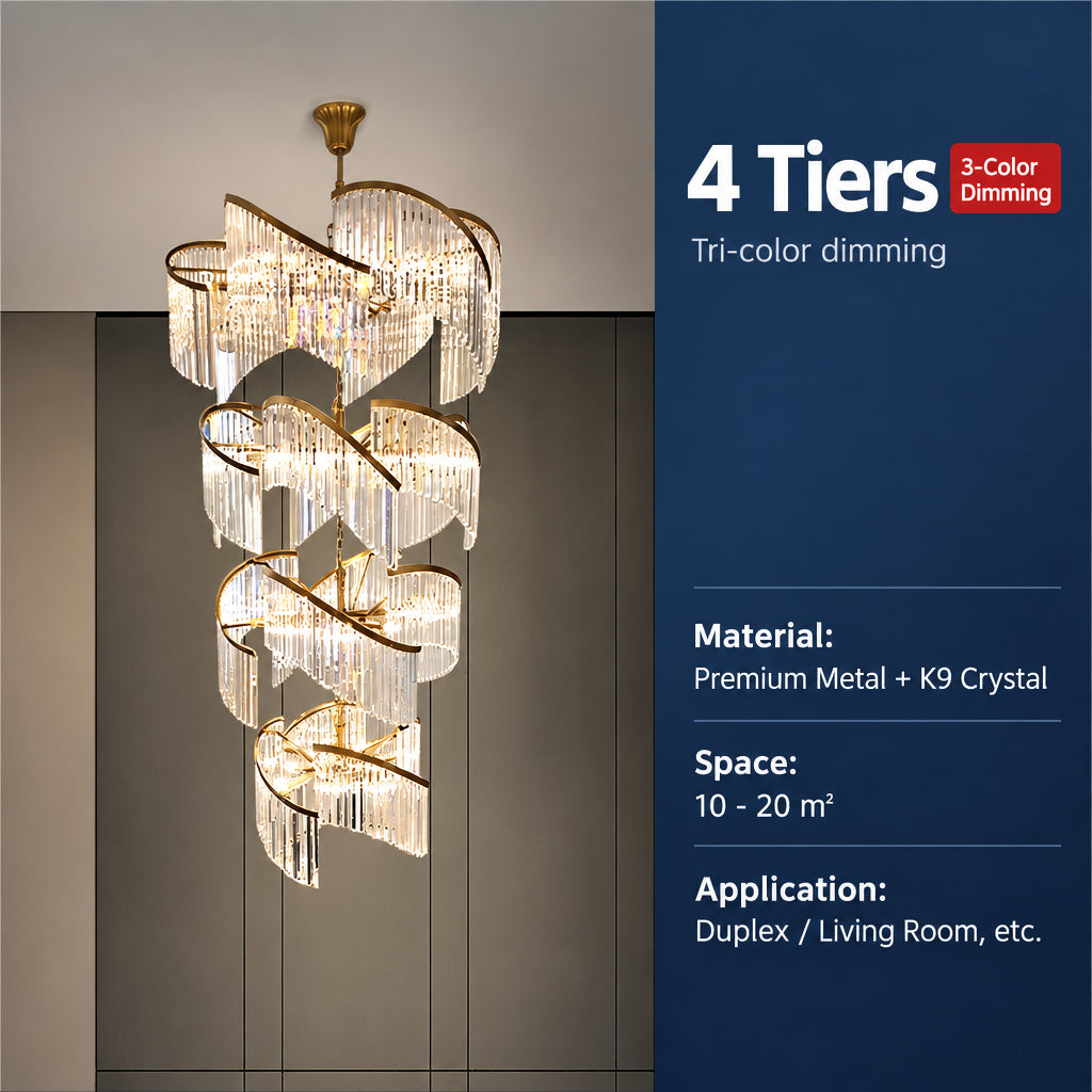 Luxury Crystal Stairwell Chandelier, Custom‑size Crystal Pendant Light for Villa Hollow Living Room, Vaulted Duplex & High‑rise Lobby